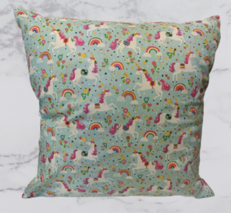 Handmade Fabric  Cushion Cover - Blue Unicorn & Rainbow Print