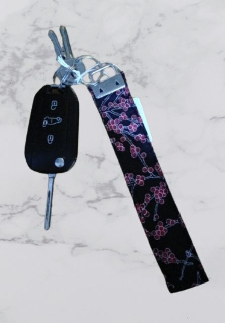 Handmade Fabric Large Key Fob - Cherry Blossom Branch Print With Keys