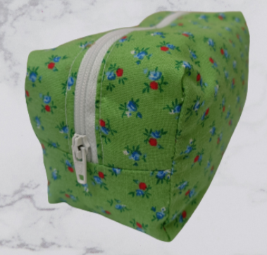 Handmade Fabric Small Toiletries Bag - Green Ditsy Floral Print