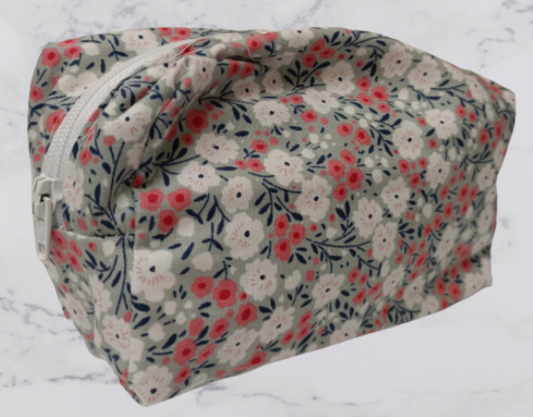 Handmade Fabric Small Toiletries Bag - Grey Flower Print