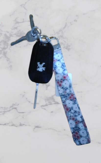 Handmade Fabric Large Key Fob - Grey Flower Print With Keys