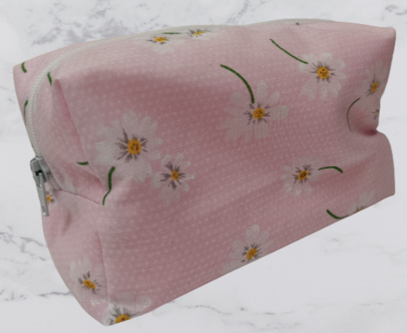 Handmade Fabric Small Toiletries Bag - Pink Daisy Print