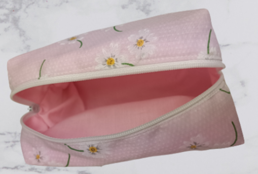 Handmade Fabric Small Toiletries Bag - Pink Daisy Print