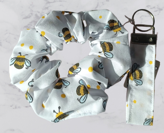 Handmade Fabric Scrunchie & Key Fob Set - Bumble Bee With Yellow Spots Print