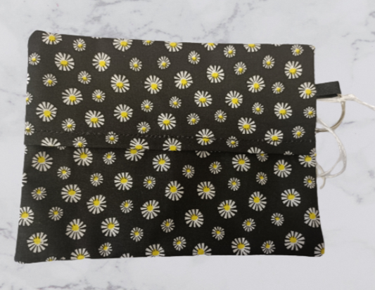 Handmade Fabric Flap Over Pouch - Black Daisy Print