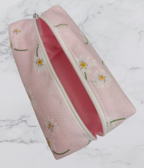 Handmade Fabric Small Toiletries Bag - Pink Daisy Print