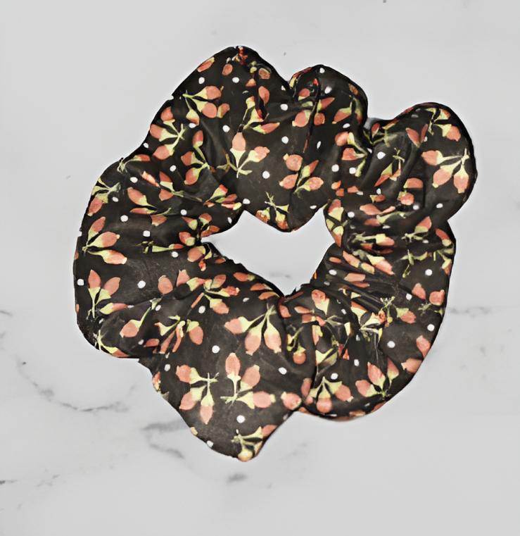 Scrunchie - Black with Orange Flowers