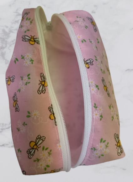 Handmade Fabric Small Toiletries Bag - Pink Little Bumble Bee Print