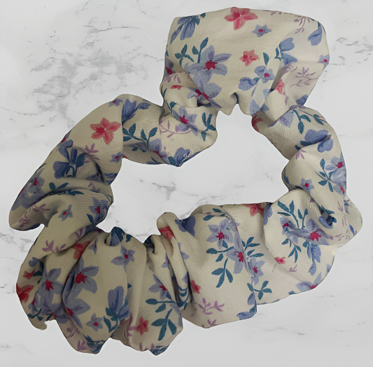 Scrunchie - White with Blue & Purple Flowers