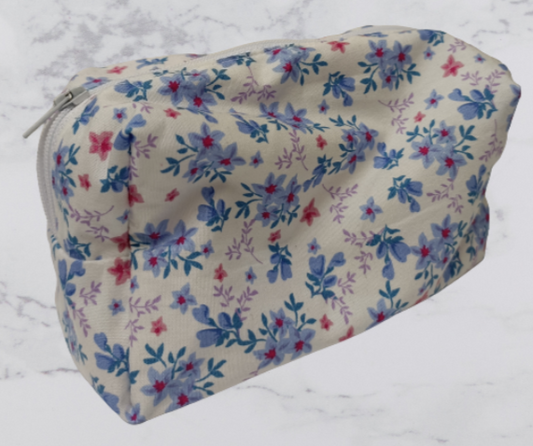 Handmade Fabric Small Toiletries Bag - White With Blue Flowers Print