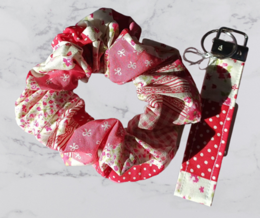 Handmade Fabric Scrunchie & Key Fob Set - Red Patchwork Print