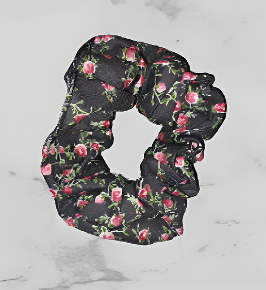 Scrunchie - Black with Roses