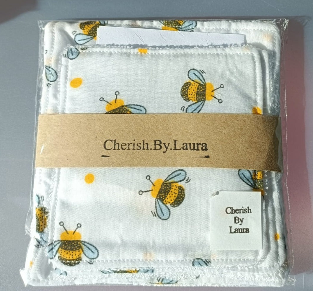 Handmade Fabric Reuseable Eco-Friendly Face Wipes With Bamboo Towelling - Bumble Bee With Yellow Spots Print