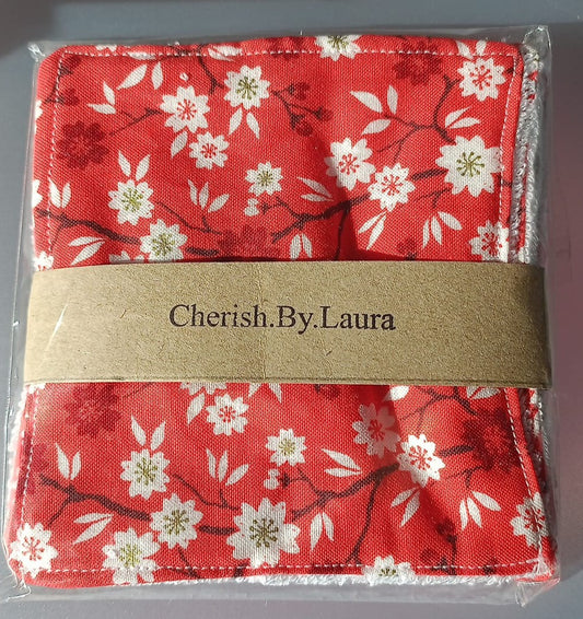 Handmade Fabric Reuseable Eco-Friendly Face Wipes With Bamboo Towelling - Red Oriental Flowers Print