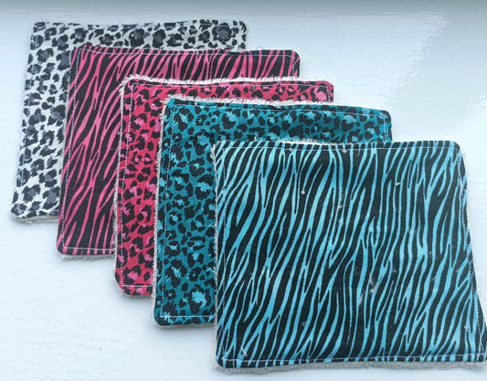 Reusable Eco-Friendly Face Wipes with Bamboo Towelling - Animal Print pack of 5