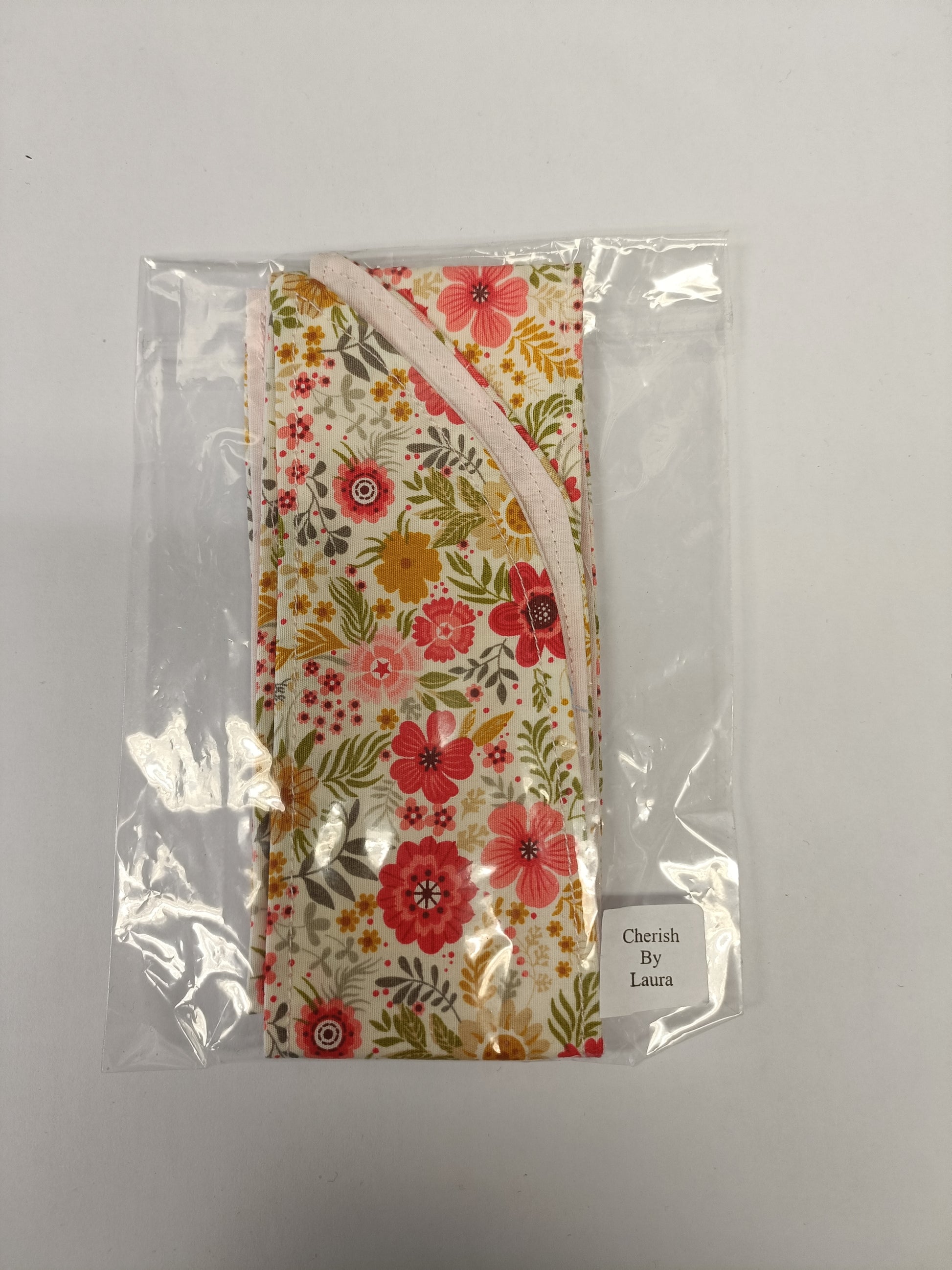 Handmade Fabric Tie Wrap Headband - White With Red & Yellow Flowers Print